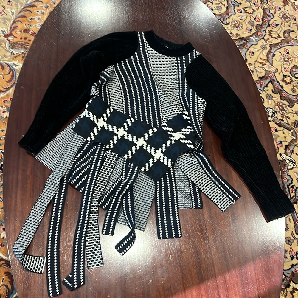 3.1 Phillip Lim Black and White Knit Scoop-Neck Sweater with Fringe Details